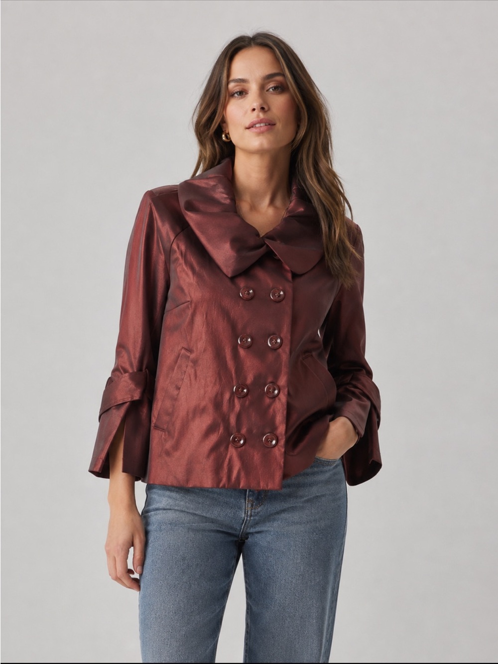 Samuel Dong Double Breasted Short Blazer || SZ M || Burgundy